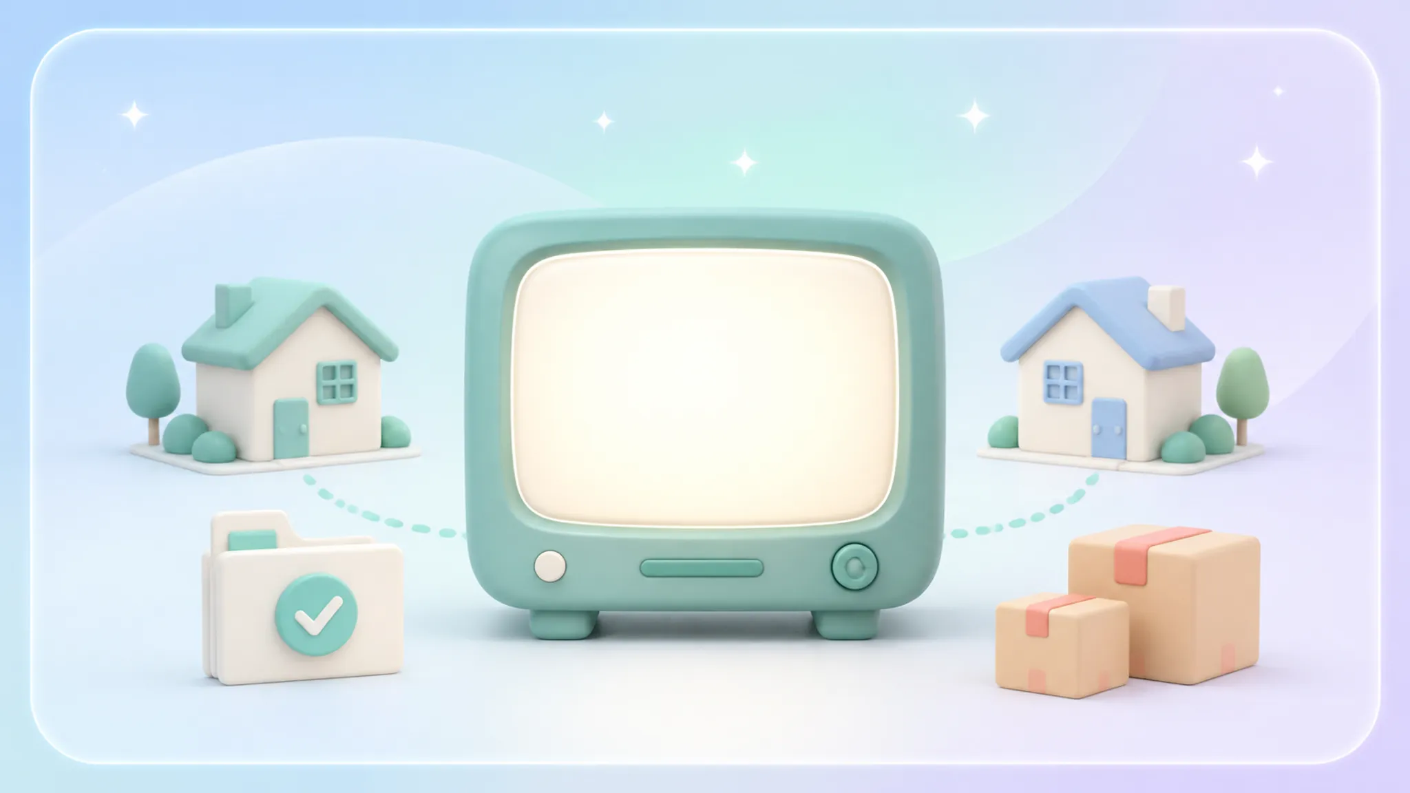 テレビと引越し箱、新旧2つの家、受信契約の書類を組み合わせたクレイ調イラスト